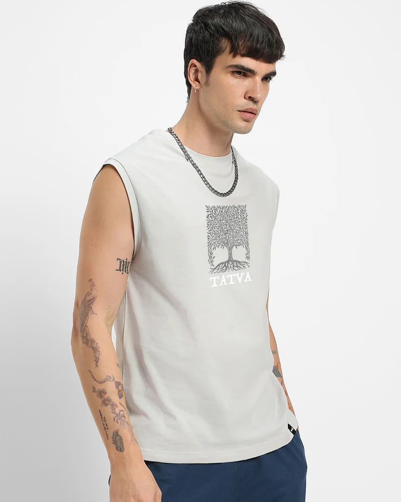 بيواكوف Men's Grey Tatva Graphic Printed Boxy Fit Vest